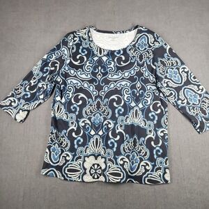 Rebecca Malone Top Womens Size 1X Navy Print Cotton Blend scoop neck 3/4 sleeve